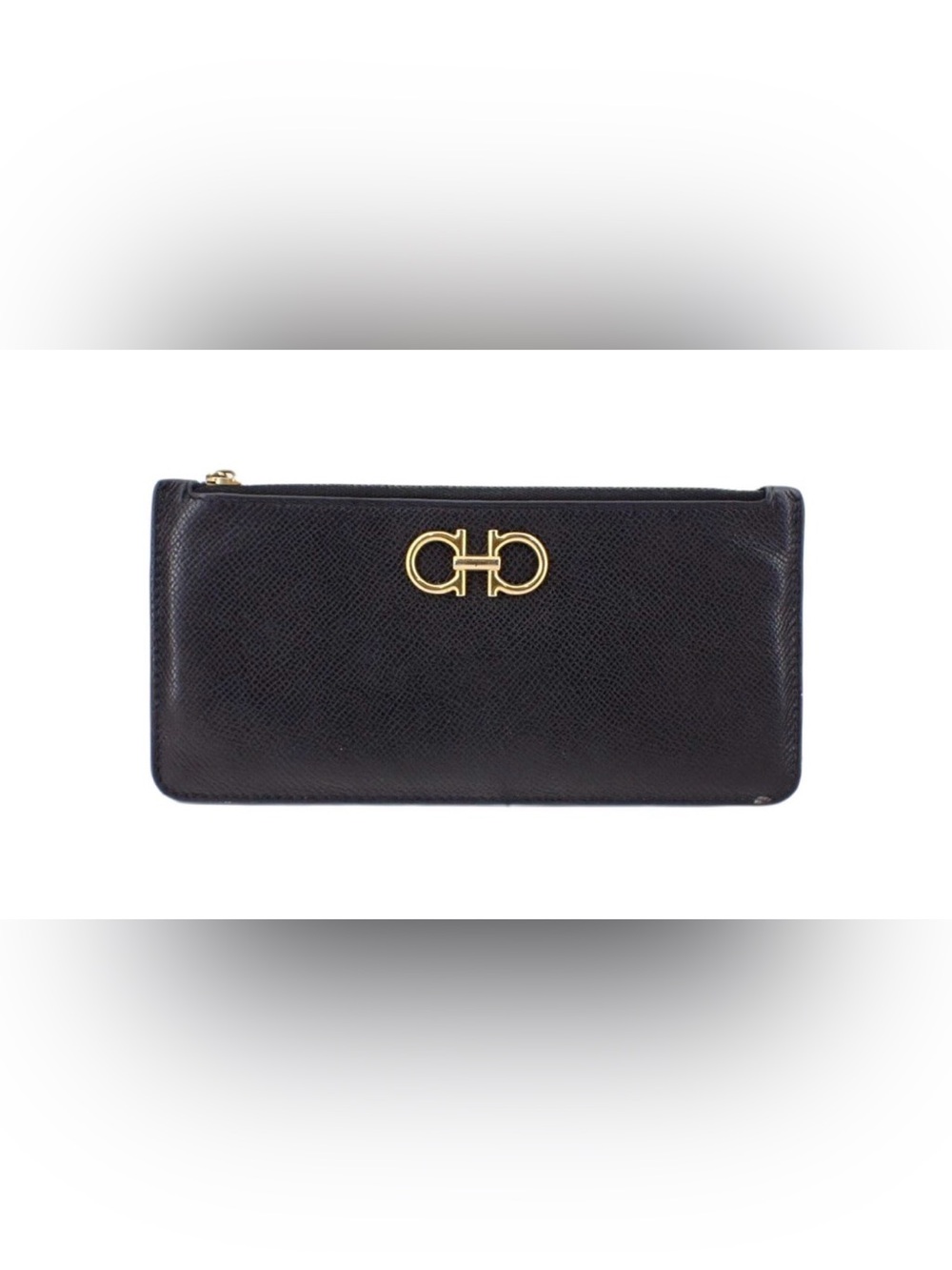 Salvatore Ferragamo Black Leather Zip Continental Wallet with Gold Gancini